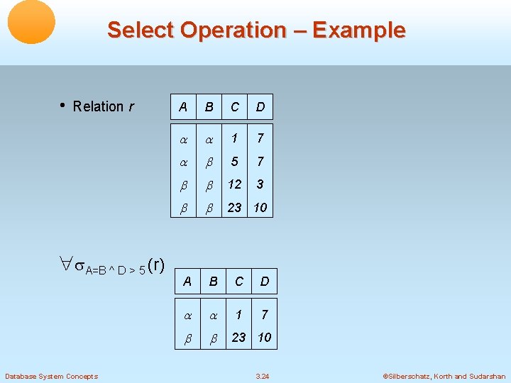 Select Operation – Example • Relation r A=B ^ D > 5 (r) Database