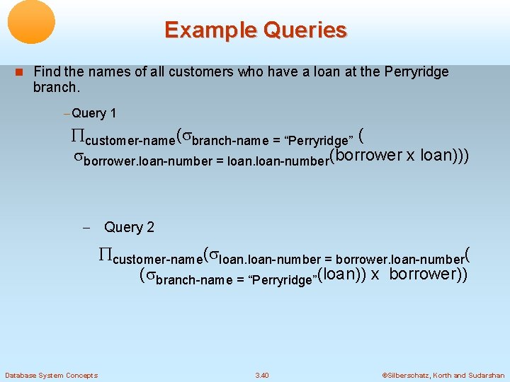 Example Queries Find the names of all customers who have a loan at the