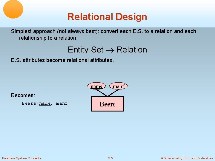 Relational Design Simplest approach (not always best): convert each E. S. to a relation