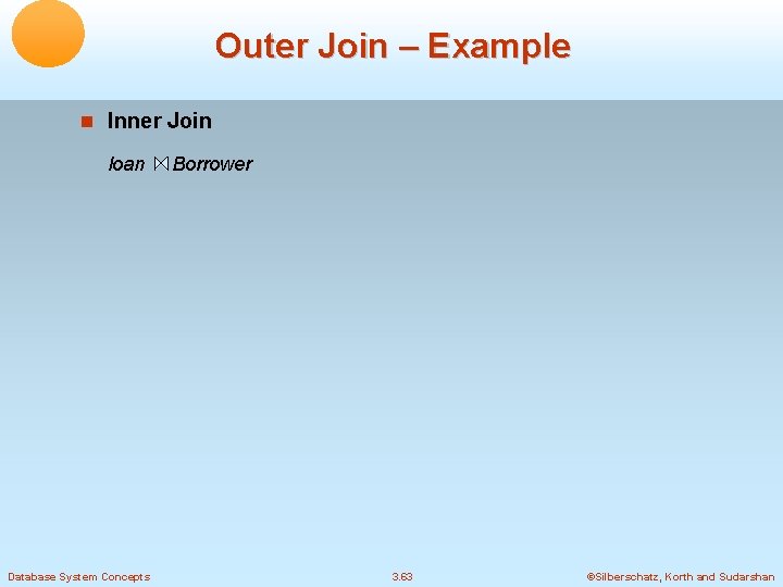 Outer Join – Example Inner Join loan Database System Concepts Borrower 3. 63 ©Silberschatz,