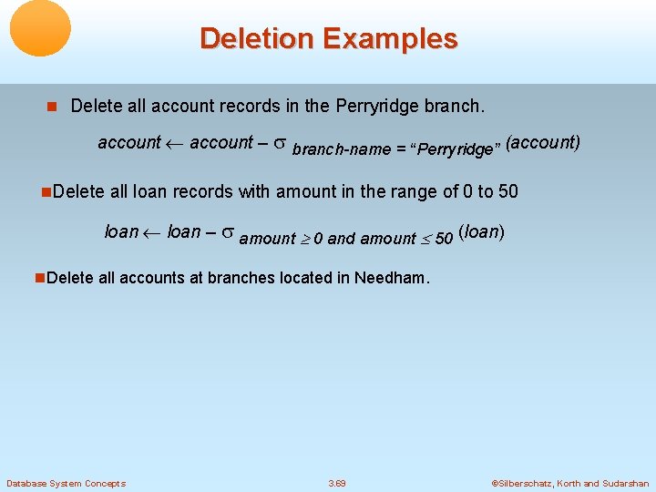 Deletion Examples Delete all account records in the Perryridge branch. account – branch-name =