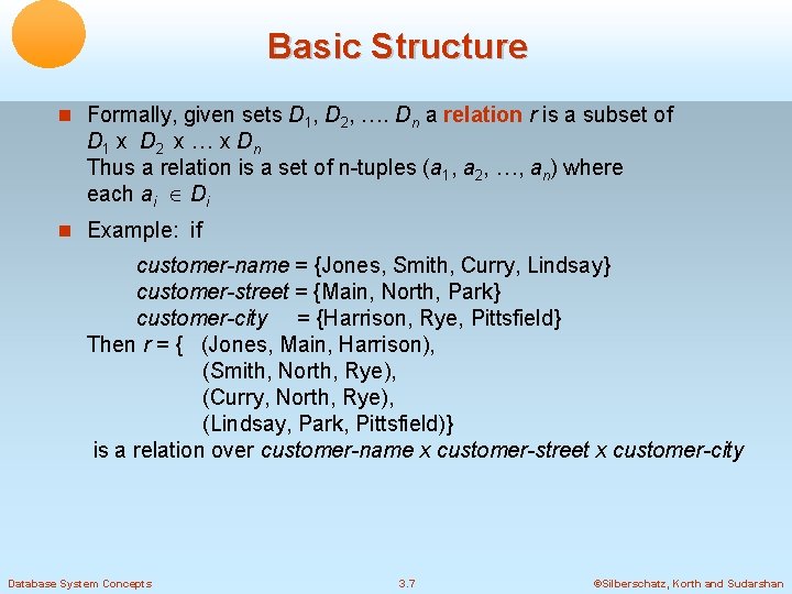 Basic Structure Formally, given sets D 1, D 2, …. Dn a relation r