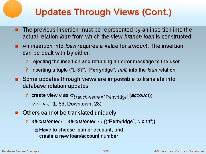 Updates Through Views (Cont. ) The previous insertion must be represented by an insertion