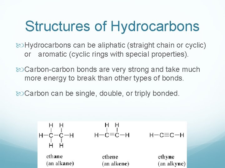Structures of Hydrocarbons can be aliphatic (straight chain or cyclic) or aromatic (cyclic rings