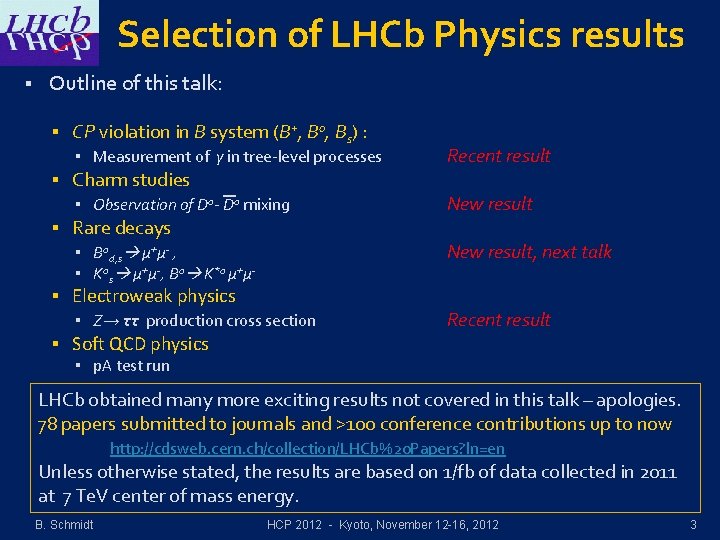 Selection of LHCb Physics results § Outline of this talk: § CP violation in