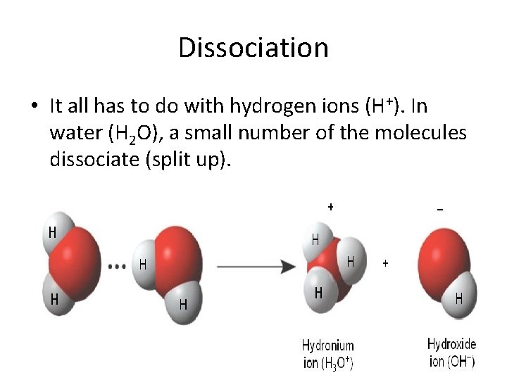 Dissociation • It all has to do with hydrogen ions (H+). In water (H