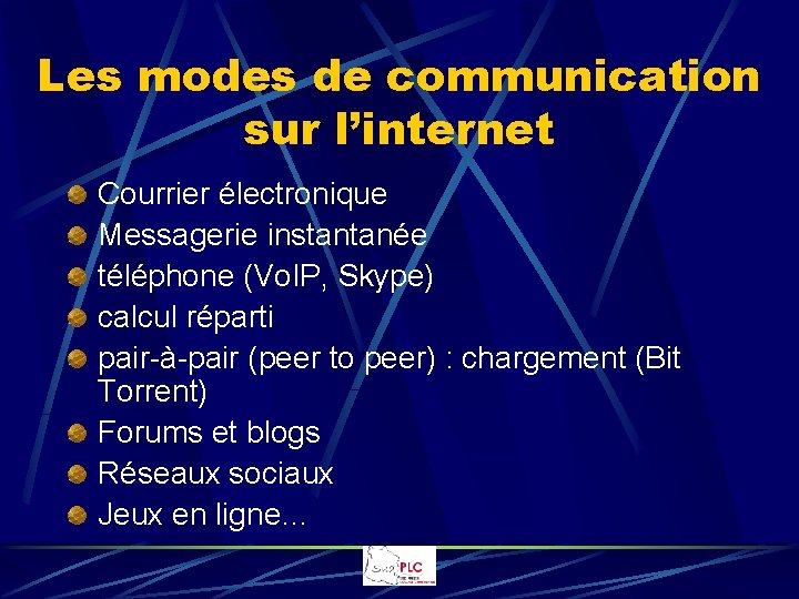Les modes de communication sur l’internet Courrier électronique Messagerie instantanée téléphone (Vo. IP, Skype)