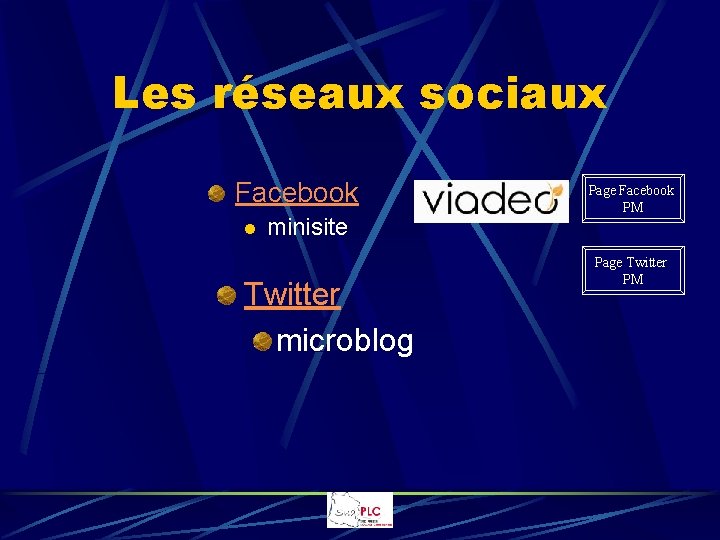 Les réseaux sociaux Facebook l minisite Twitter microblog Page Facebook PM Page Twitter PM