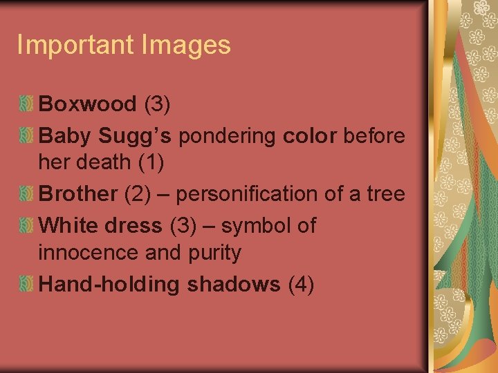 Important Images Boxwood (3) Baby Sugg’s pondering color before her death (1) Brother (2)