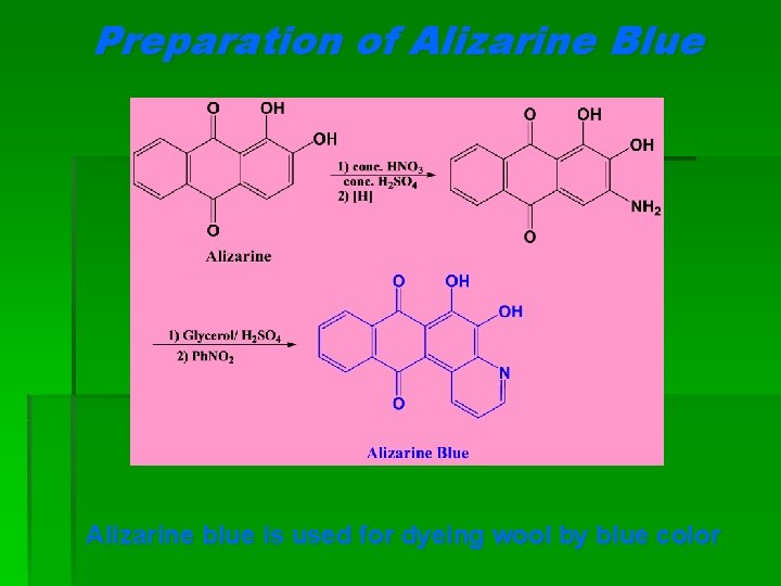 Preparation of Alizarine Blue Alizarine blue is used for dyeing wool by blue color