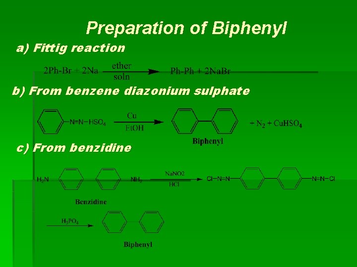 Preparation of Biphenyl a) Fittig reaction b) From benzene diazonium sulphate c) From benzidine