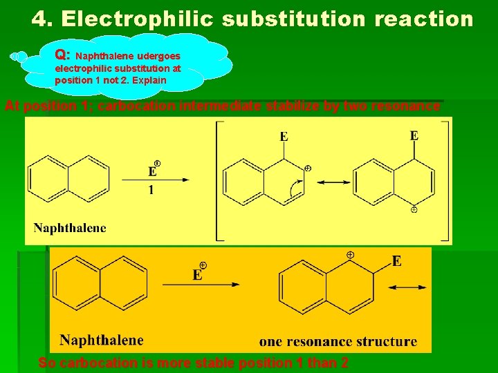 4. Electrophilic substitution reaction Q: Naphthalene udergoes electrophilic substitution at position 1 not 2. 4. Electrophilic substitution reaction Q: Naphthalene udergoes electrophilic substitution at position 1 not 2.