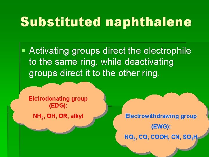 Substituted naphthalene § Activating groups direct the electrophile to the same ring, while deactivating Substituted naphthalene § Activating groups direct the electrophile to the same ring, while deactivating