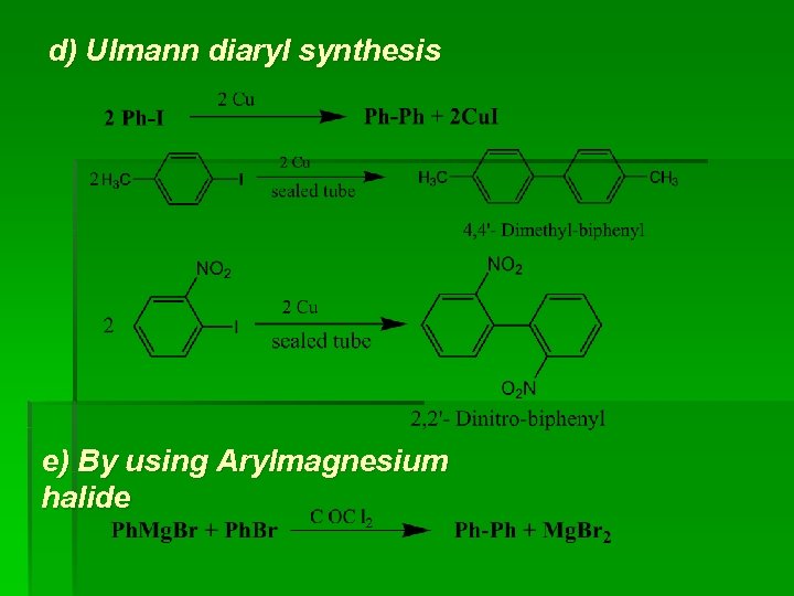 d) Ulmann diaryl synthesis e) By using Arylmagnesium halide d) Ulmann diaryl synthesis e) By using Arylmagnesium halide