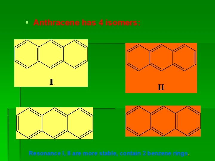 § Anthracene has 4 isomers: Resonance I, II are more stable, contain 2 benzene