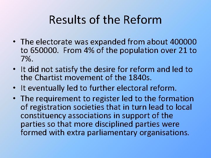 Results of the Reform • The electorate was expanded from about 400000 to 650000.