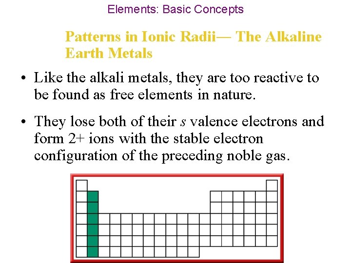 Elements: Basic Concepts Patterns in Ionic Radii― The Alkaline Earth Metals • Like the