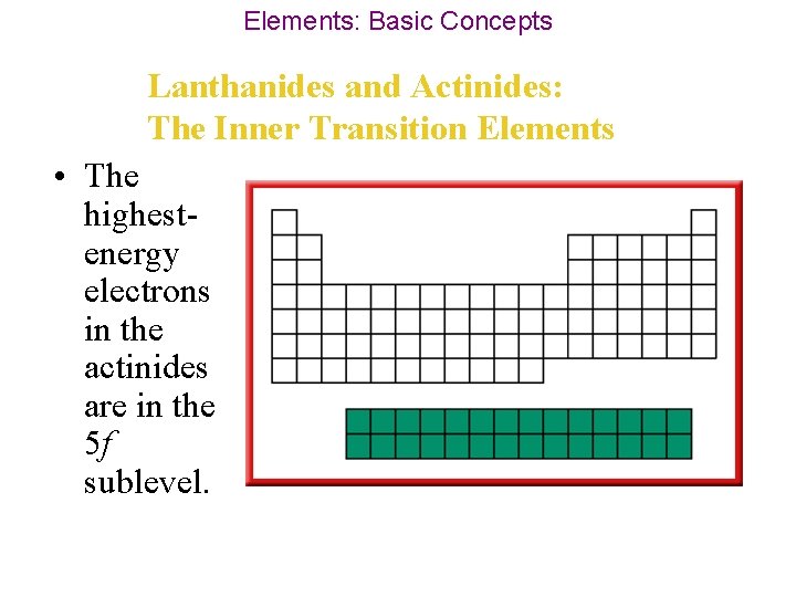 Elements: Basic Concepts Lanthanides and Actinides: The Inner Transition Elements • The highestenergy electrons
