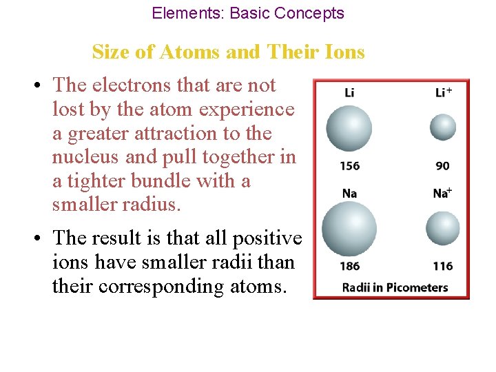 Elements: Basic Concepts Size of Atoms and Their Ions • The electrons that are