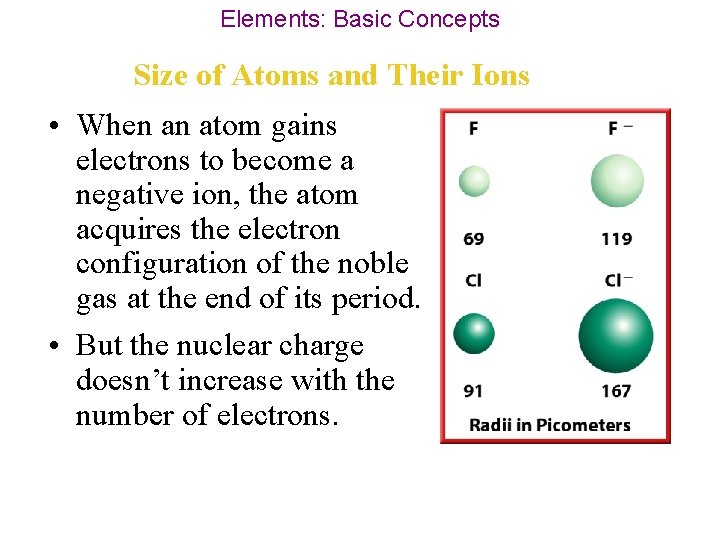 Elements: Basic Concepts Size of Atoms and Their Ions • When an atom gains