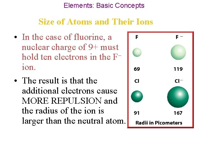 Elements: Basic Concepts Size of Atoms and Their Ions • In the case of