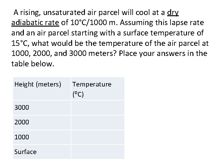 A rising, unsaturated air parcel will cool at a dry adiabatic rate of 10°C/1000