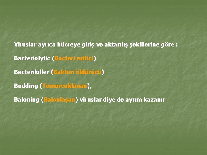 Viruslar ayrıca hücreye giriş ve aktarılış şekillerine göre : Bacteriolytic (Bacteri eritici) Bacterikiller (Bakteri