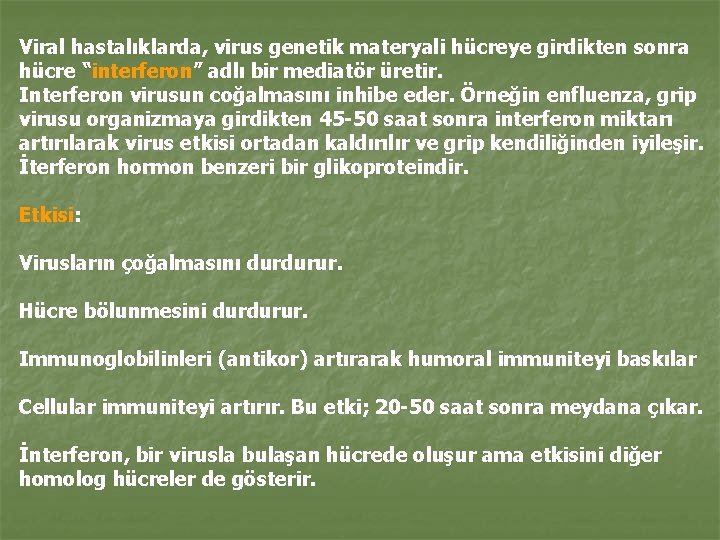 Viral hastalıklarda, virus genetik materyali hücreye girdikten sonra hücre “interferon” adlı bir mediatör üretir.