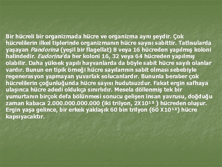 Bir hücreli bir organizmada hücre ve organizma aynı şeydir. Çok hücrelilerin ilkel tiplerinde organizmanın