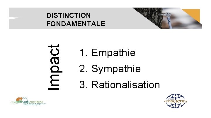 Impact DISTINCTION FONDAMENTALE 1. Empathie 2. Sympathie 3. Rationalisation 