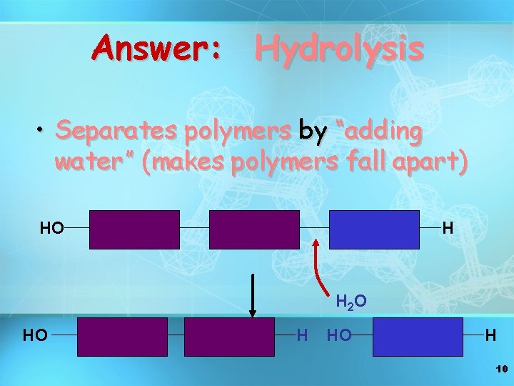 Answer: Hydrolysis • Separates polymers by “adding water” (makes polymers fall apart) HO H