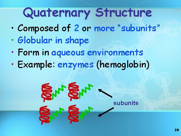 Quaternary Structure • • Composed of 2 or more “subunits” Globular in shape Form