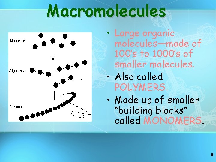 Macromolecules • Large organic molecules—made of 100’s to 1000’s of smaller molecules. • Also