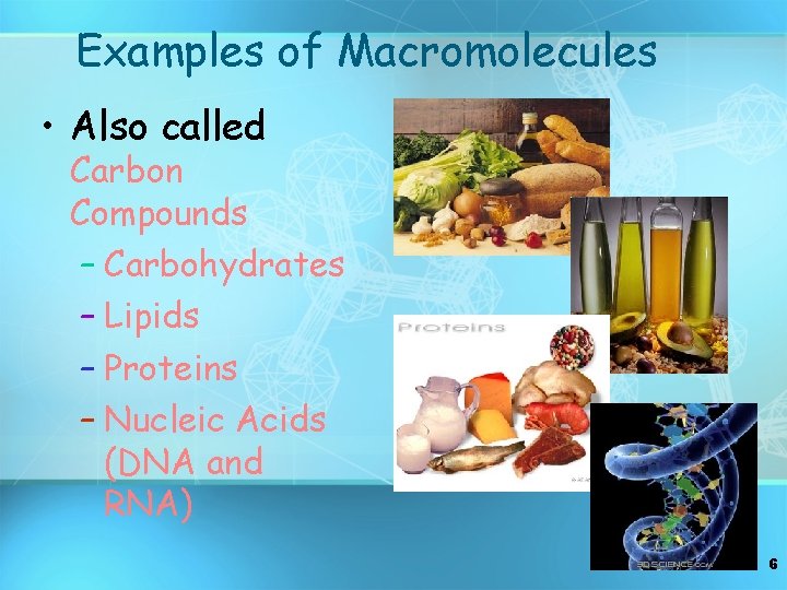 Examples of Macromolecules • Also called Carbon Compounds – Carbohydrates – Lipids – Proteins