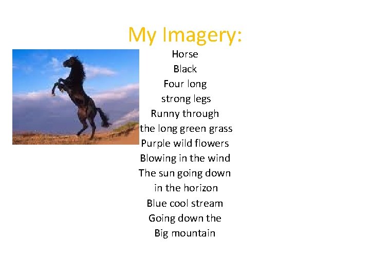 My Imagery: Horse Black Four long strong legs Runny through the long green grass