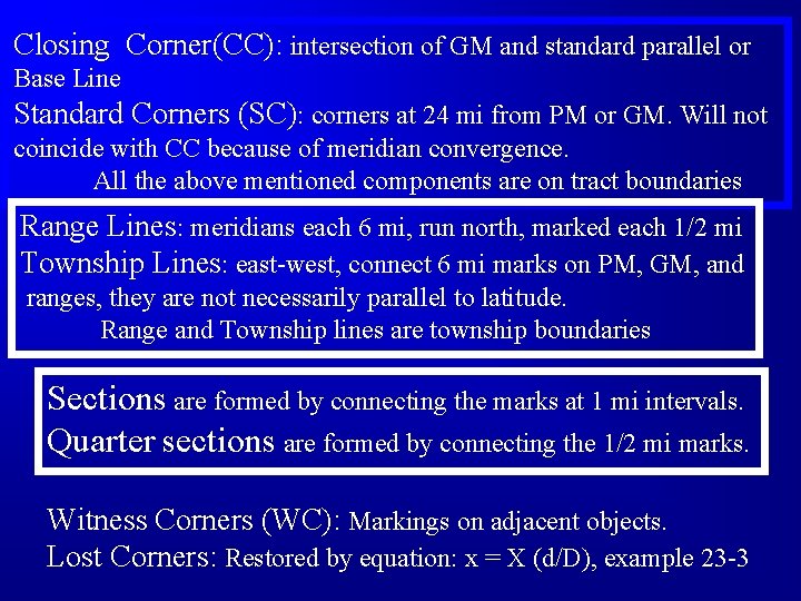 Closing Corner(CC): intersection of GM and standard parallel or Base Line Standard Corners (SC):