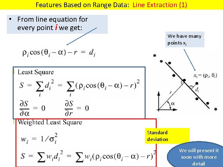 Features Based on Range Data: Line Extraction (1) • From line equation for every