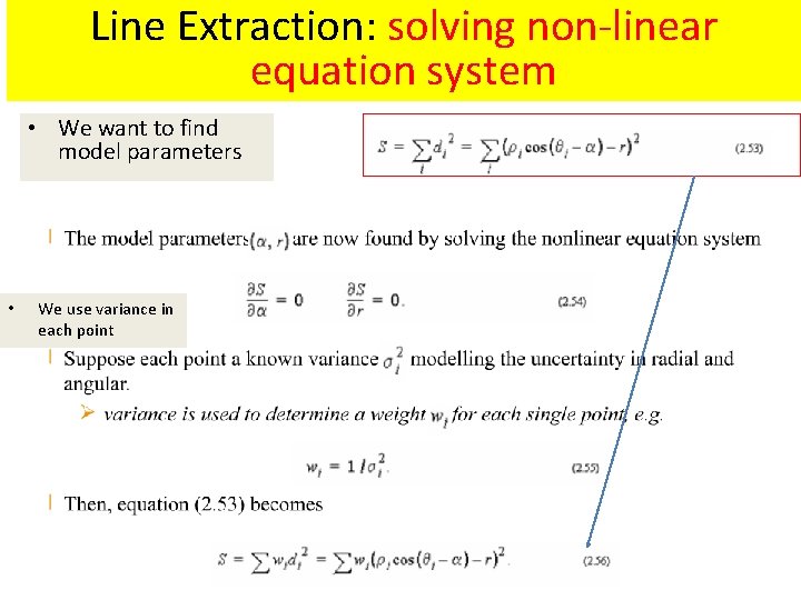 Line Extraction: solving non-linear equation system • We want to find model parameters •