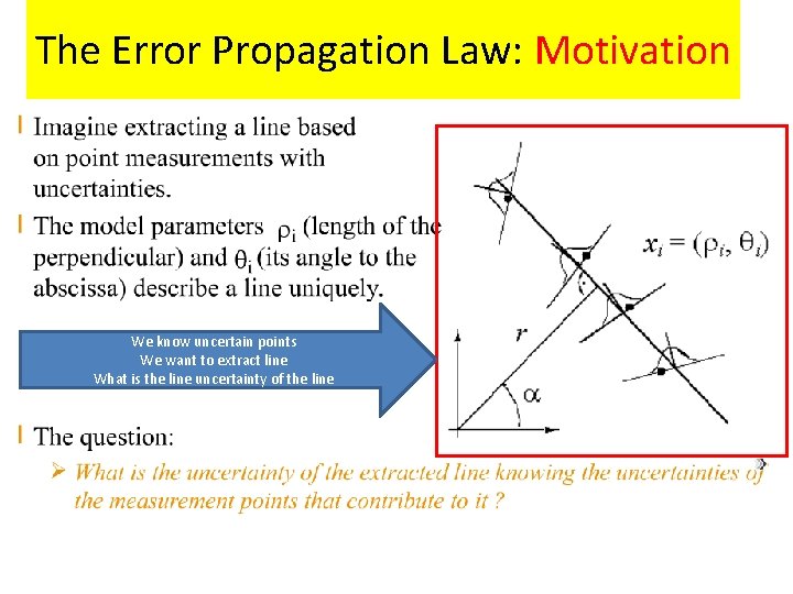 The Error Propagation Law: Motivation We know uncertain points We want to extract line The Error Propagation Law: Motivation We know uncertain points We want to extract line