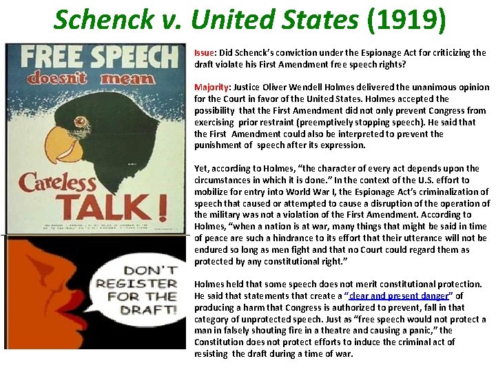 Schenck v. United States (1919) Issue: Did Schenck’s conviction under the Espionage Act for