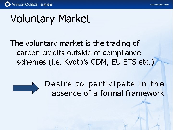 Voluntary Market The voluntary market is the trading of carbon credits outside of compliance