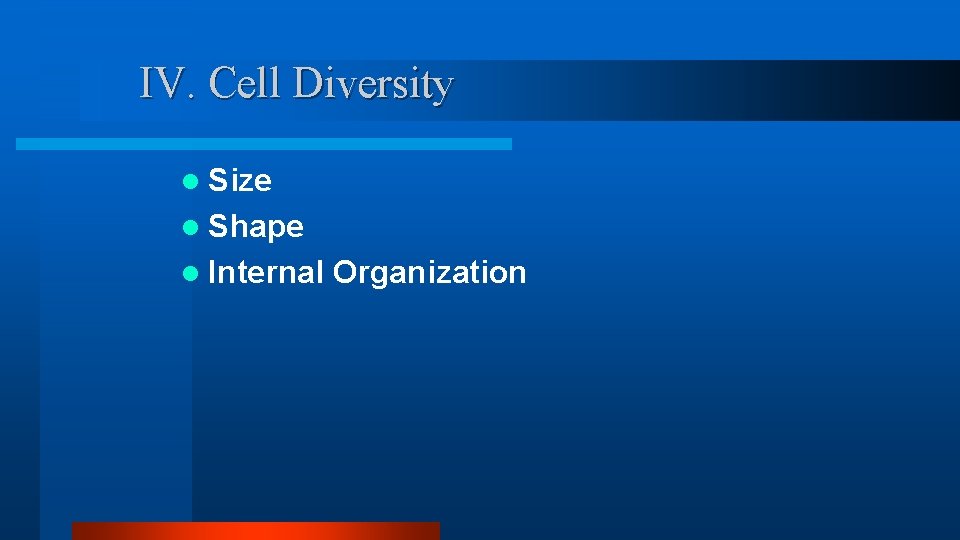 IV. Cell Diversity l Size l Shape l Internal Organization IV. Cell Diversity l Size l Shape l Internal Organization