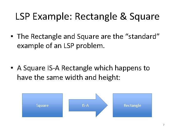 LSP Example: Rectangle & Square • The Rectangle and Square the “standard” example of