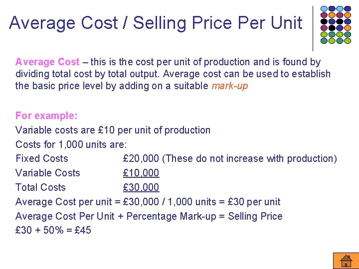 Average Cost / Selling Price Per Unit Average Cost – this is the cost