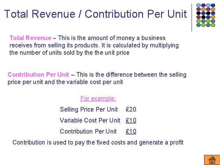 Total Revenue / Contribution Per Unit Total Revenue – This is the amount of