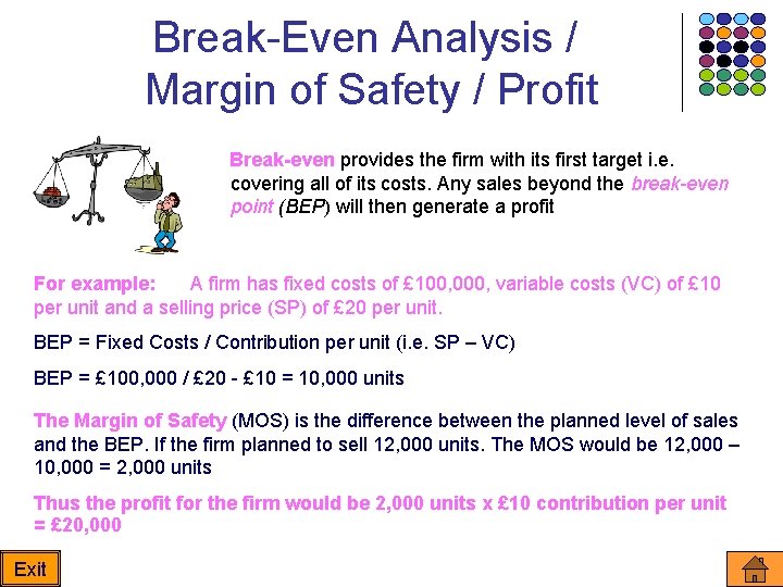 Break-Even Analysis / Margin of Safety / Profit Break-even provides the firm with its