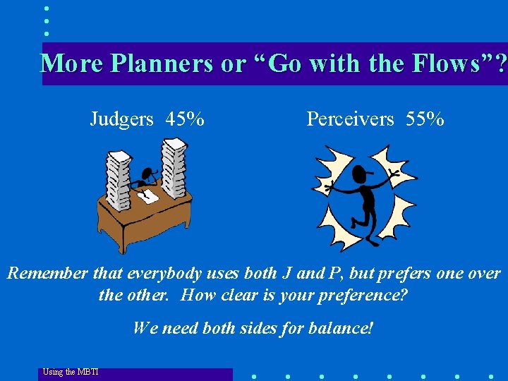 More Planners or “Go with the Flows”? Judgers 45% Perceivers 55% Remember that everybody