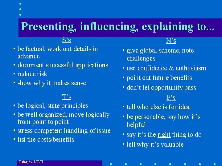 Presenting, influencing, explaining to. . . S’s • be factual, work out details in