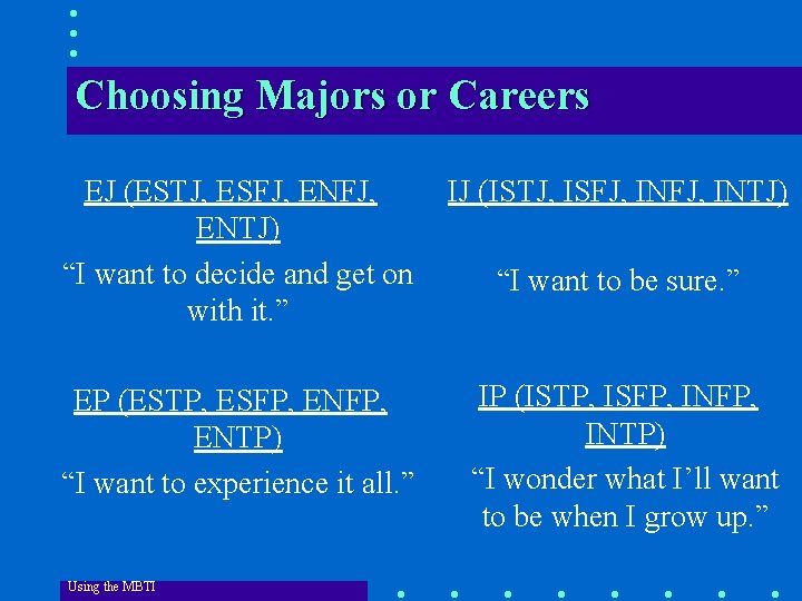 Choosing Majors or Careers EJ (ESTJ, ESFJ, ENTJ) “I want to decide and get