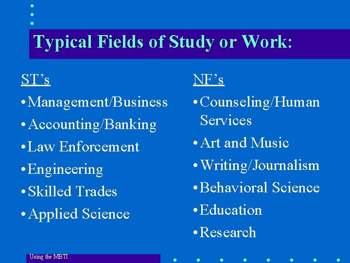 Typical Fields of Study or Work: ST’s • Management/Business • Accounting/Banking • Law Enforcement